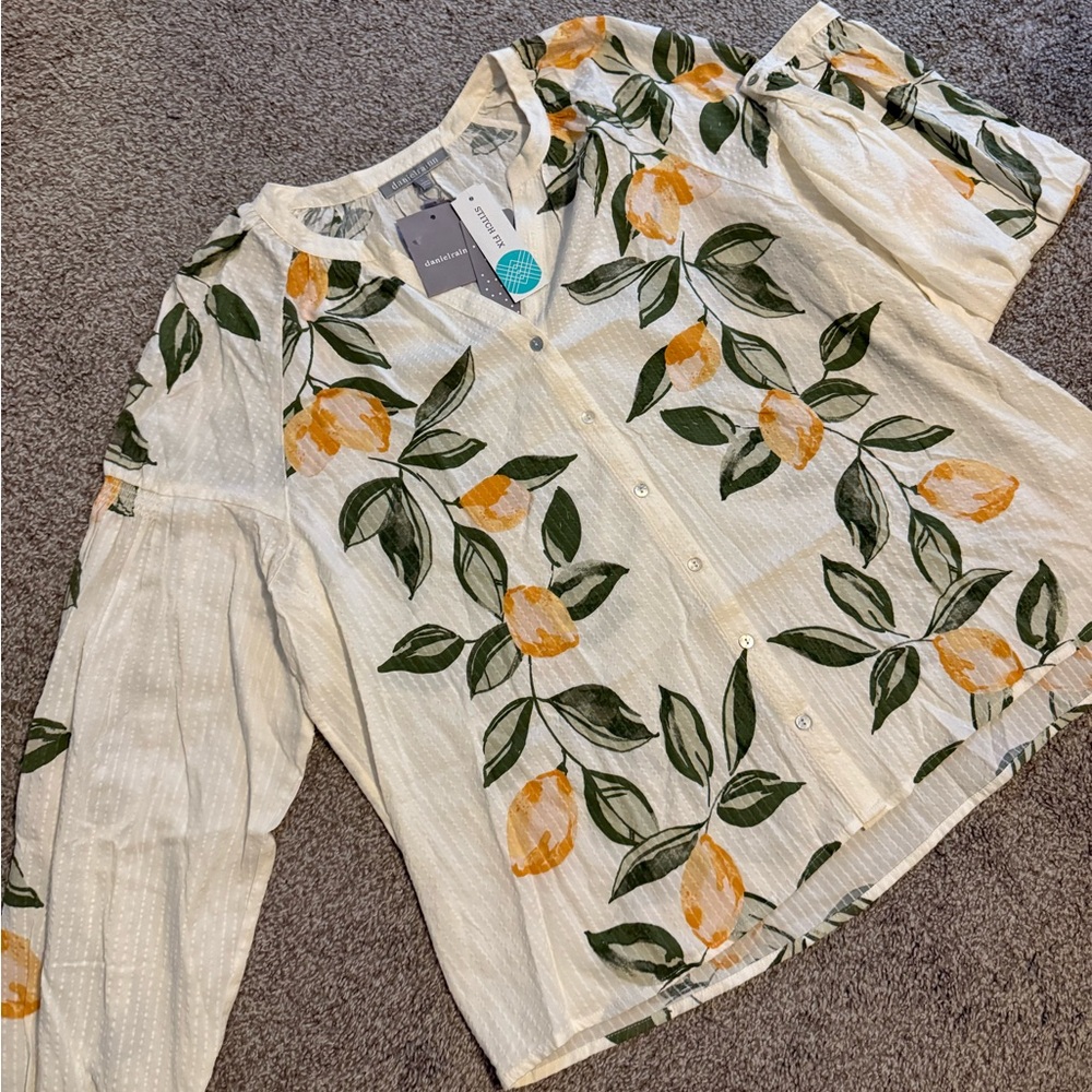 Daniel Rainn White Blouse with Orange and Green Floral Design 20$